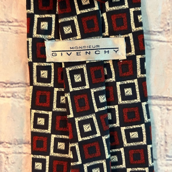 MONSIEUR GIVENCHY MENS SILK BLACK/WHITE/BURGUNDY SQUARES PRINT TIE - Picture 2 of 6